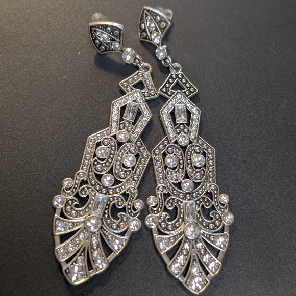 Art Deco Inspired Rhinestone Statement Earrings Prom Wedding Glam 3.5 Inches - Picture 3 of 4